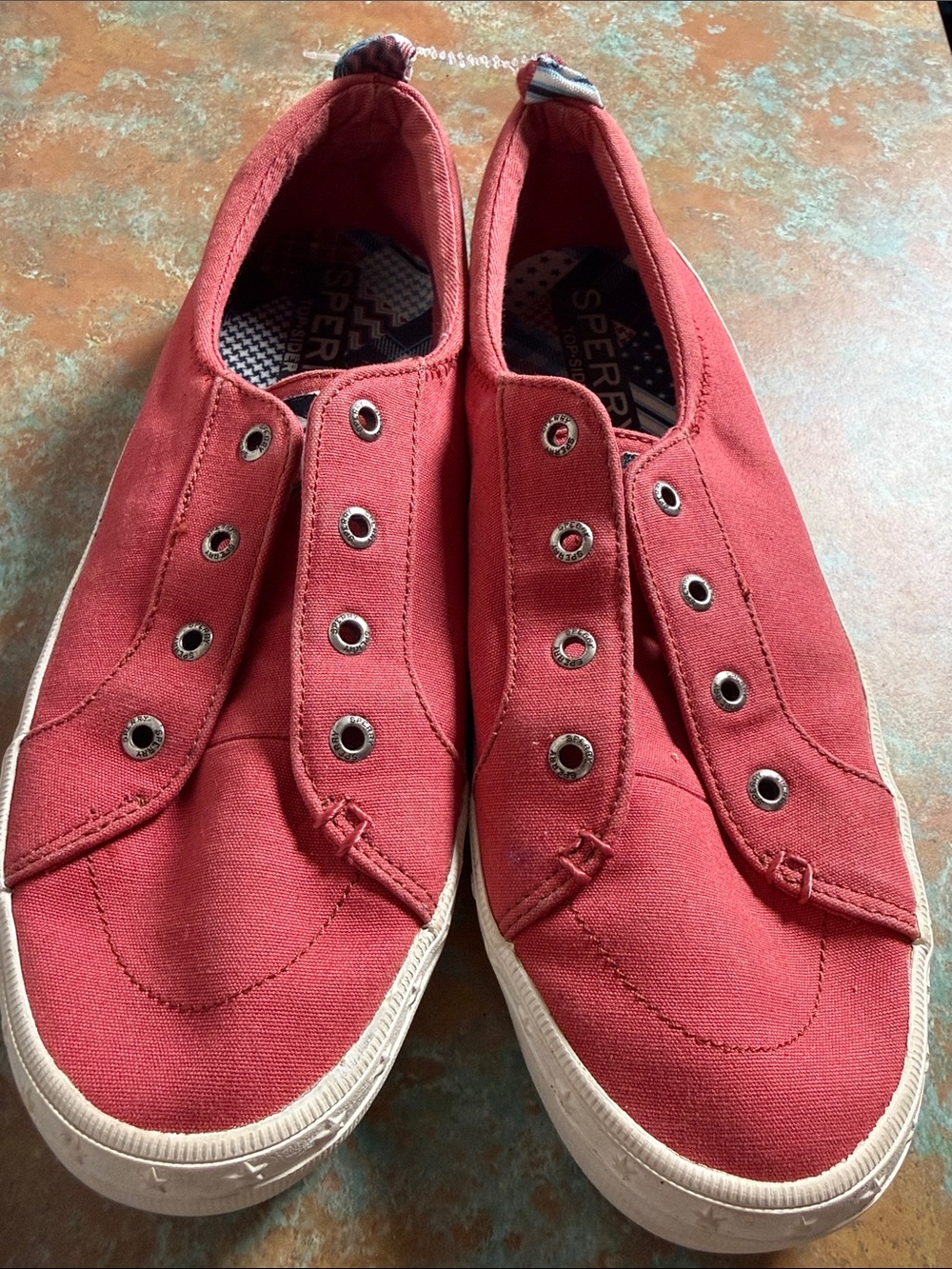 Sperry Coral Canvas Slip-On Sneakers with Star-Pattern Heel
